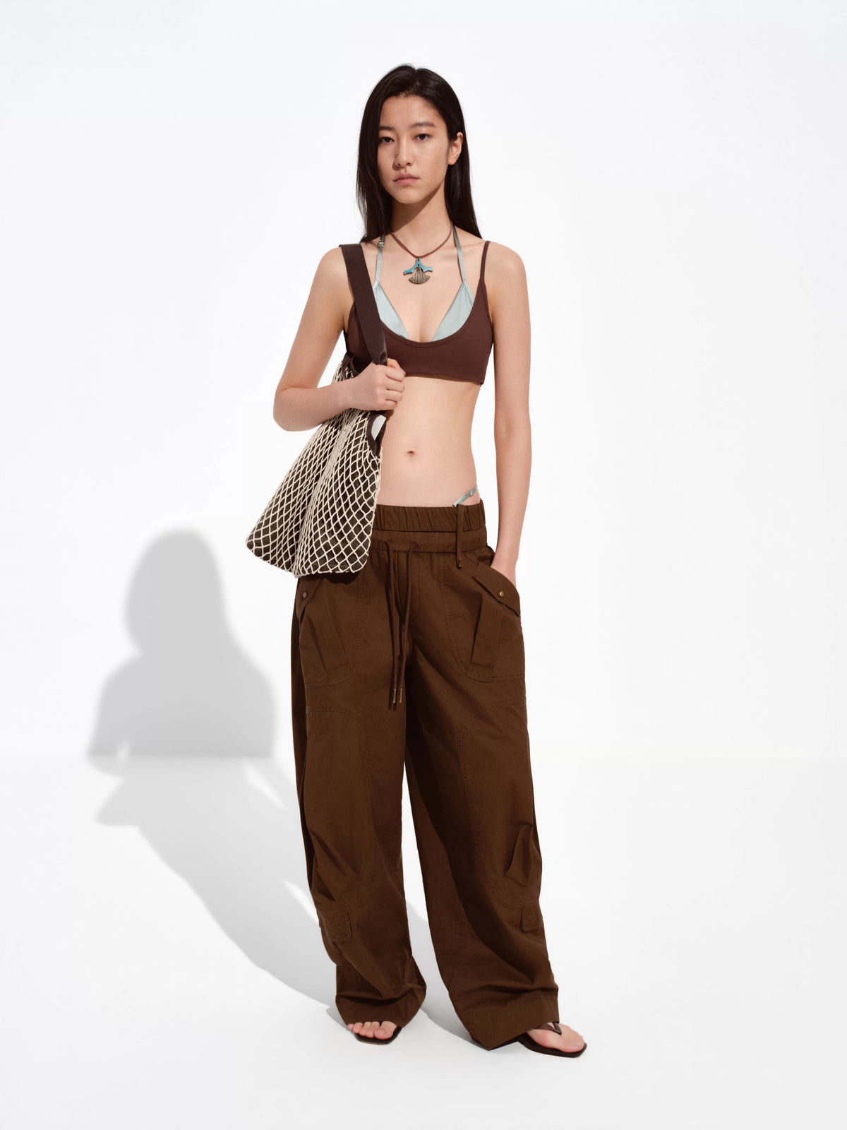 Brown & Green Colorblock Stretch-Satin Halter Set