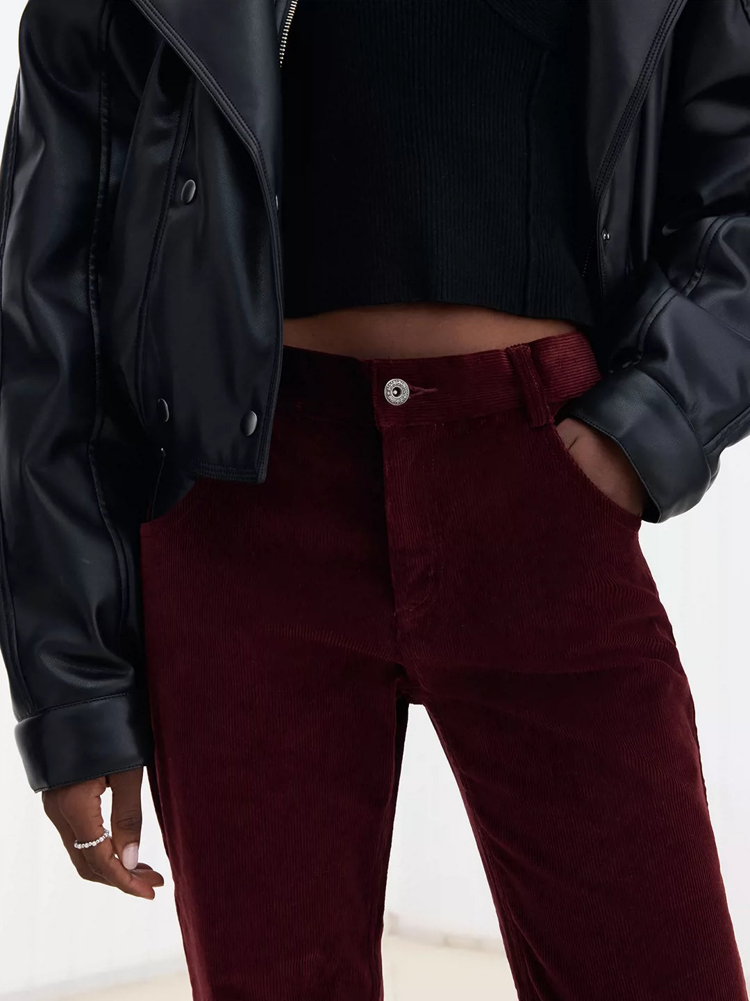 Leather-Paneled Stretch Corduroy Red Trousers