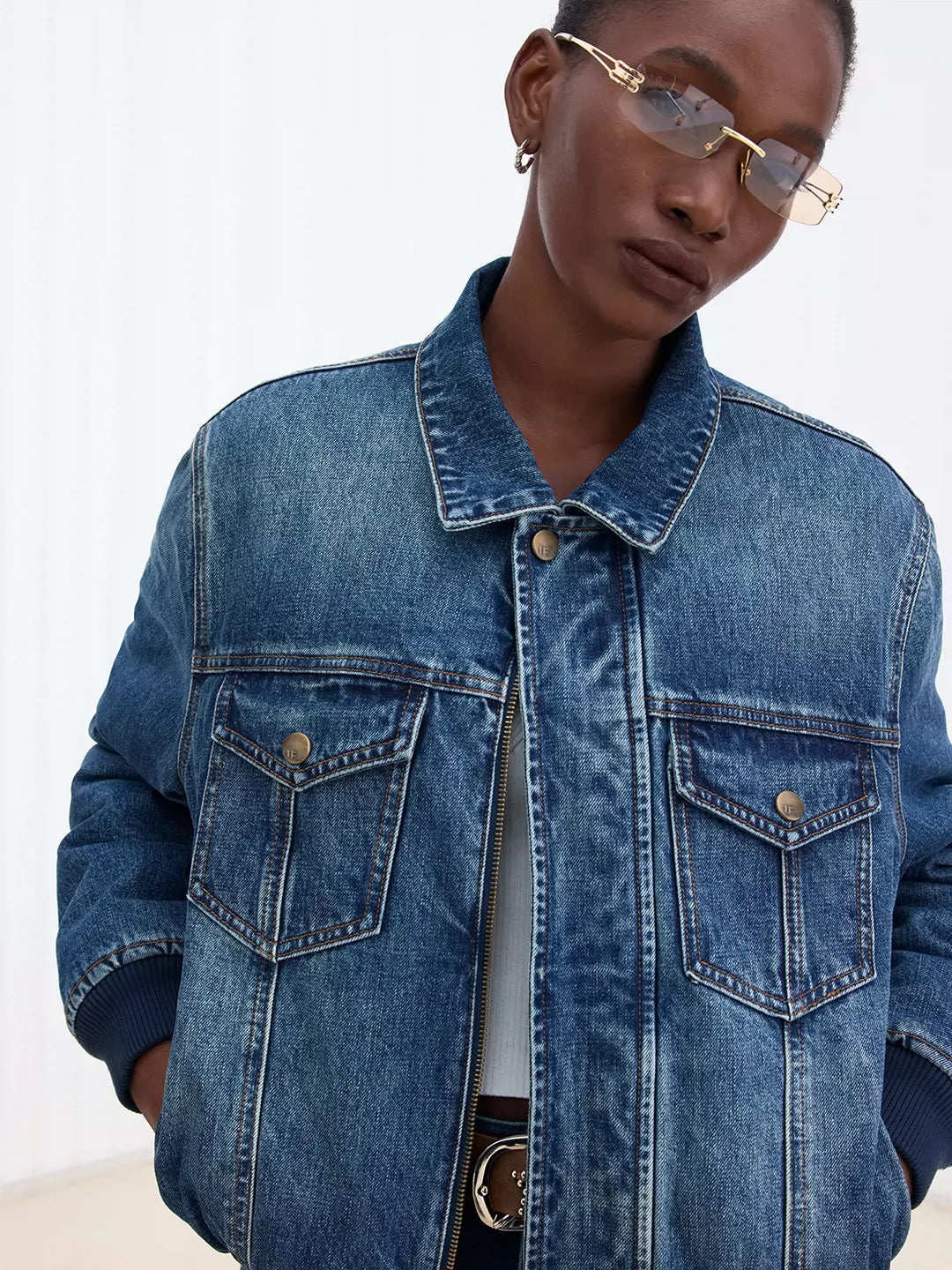 IFIKNOW Custom-Ribbed Washed Denim Padded Jacket