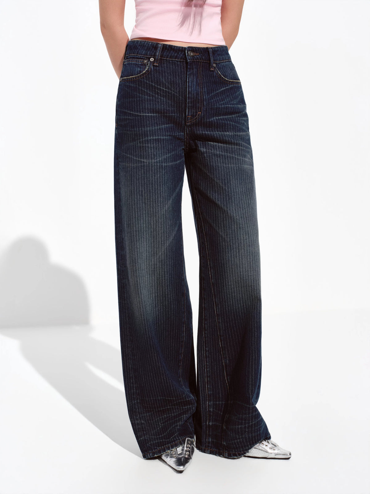 Pinstripe Whiskered Dark Blue Jeans