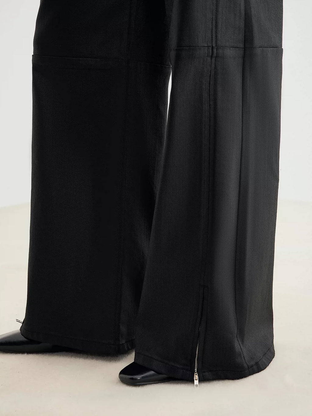 V-Waist Wax-Coated Black Denim Jeans