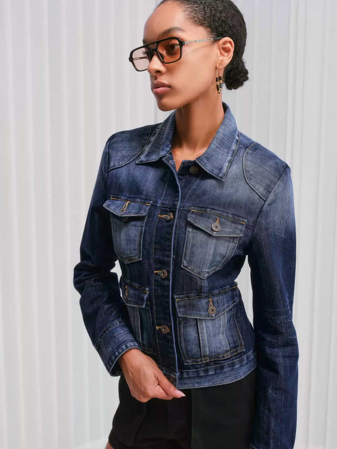 Tailored Metallic-Thread Slub Denim Jacket