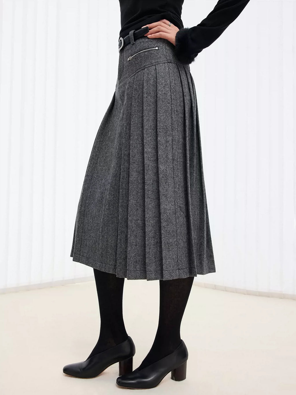 Wool-Blend Pleated Maxi Skirt