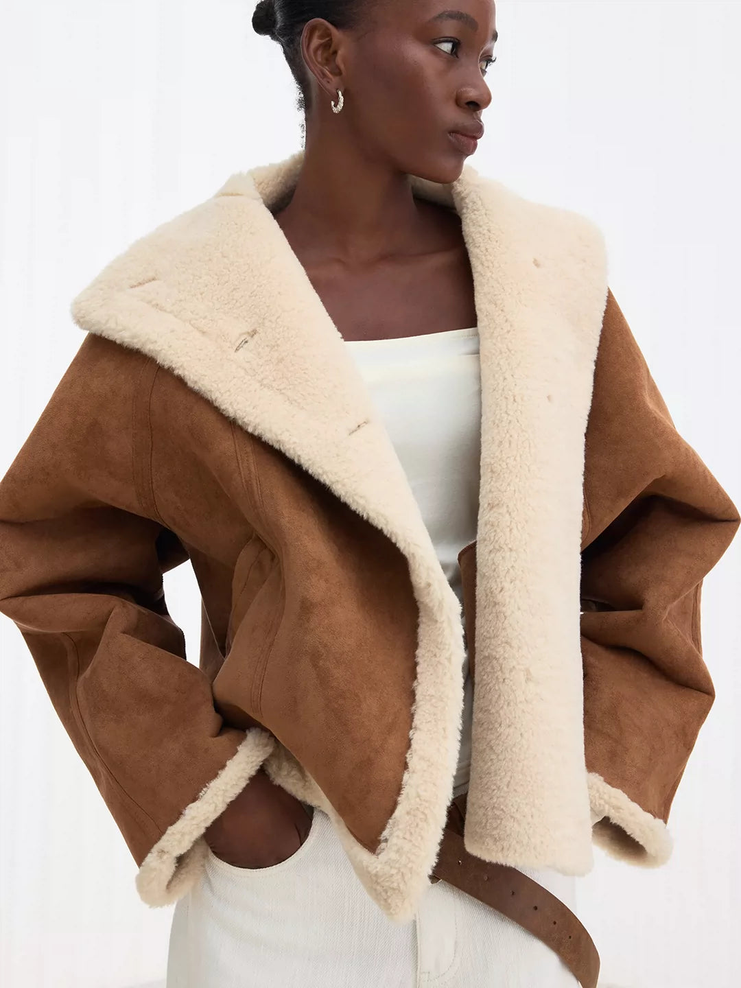 IFIKNOW Asymmetric-Collar Oversized Faux Shearling Coat