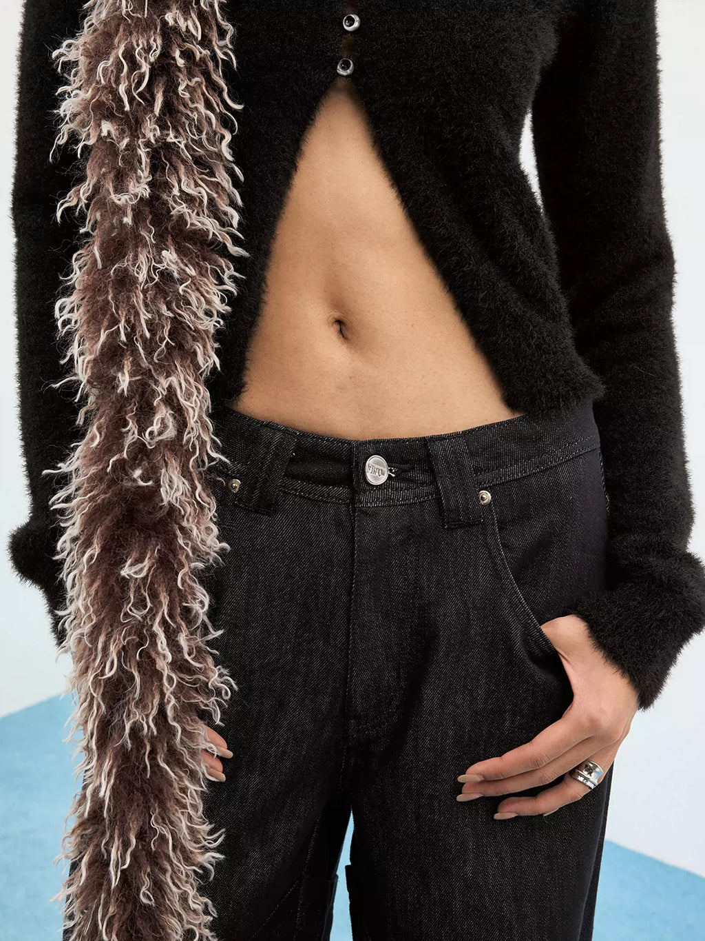 Paneled Blue-Black Raw Denim Relaxed Jeans