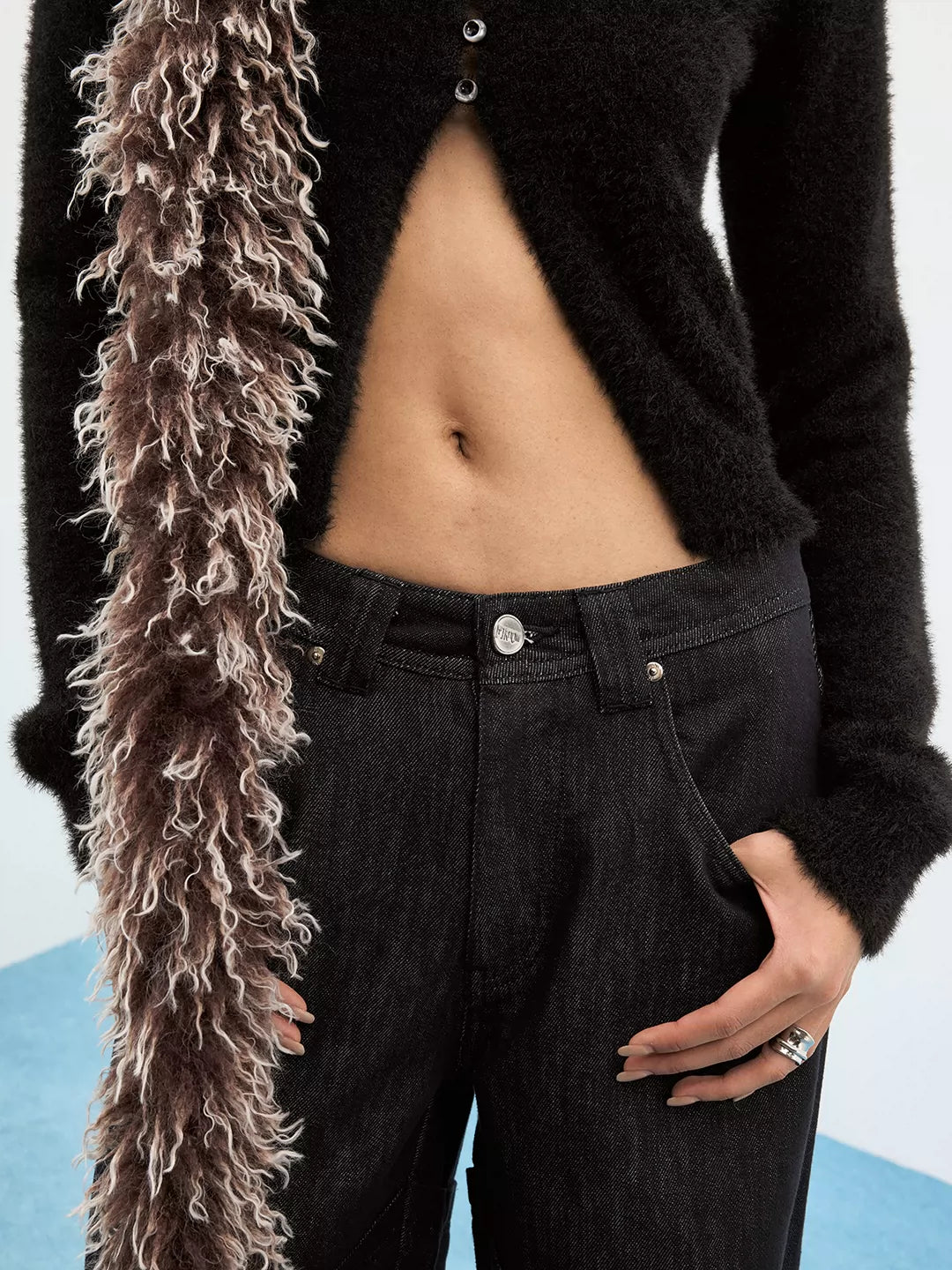 Paneled Blue-Black Raw Denim Relaxed Jeans