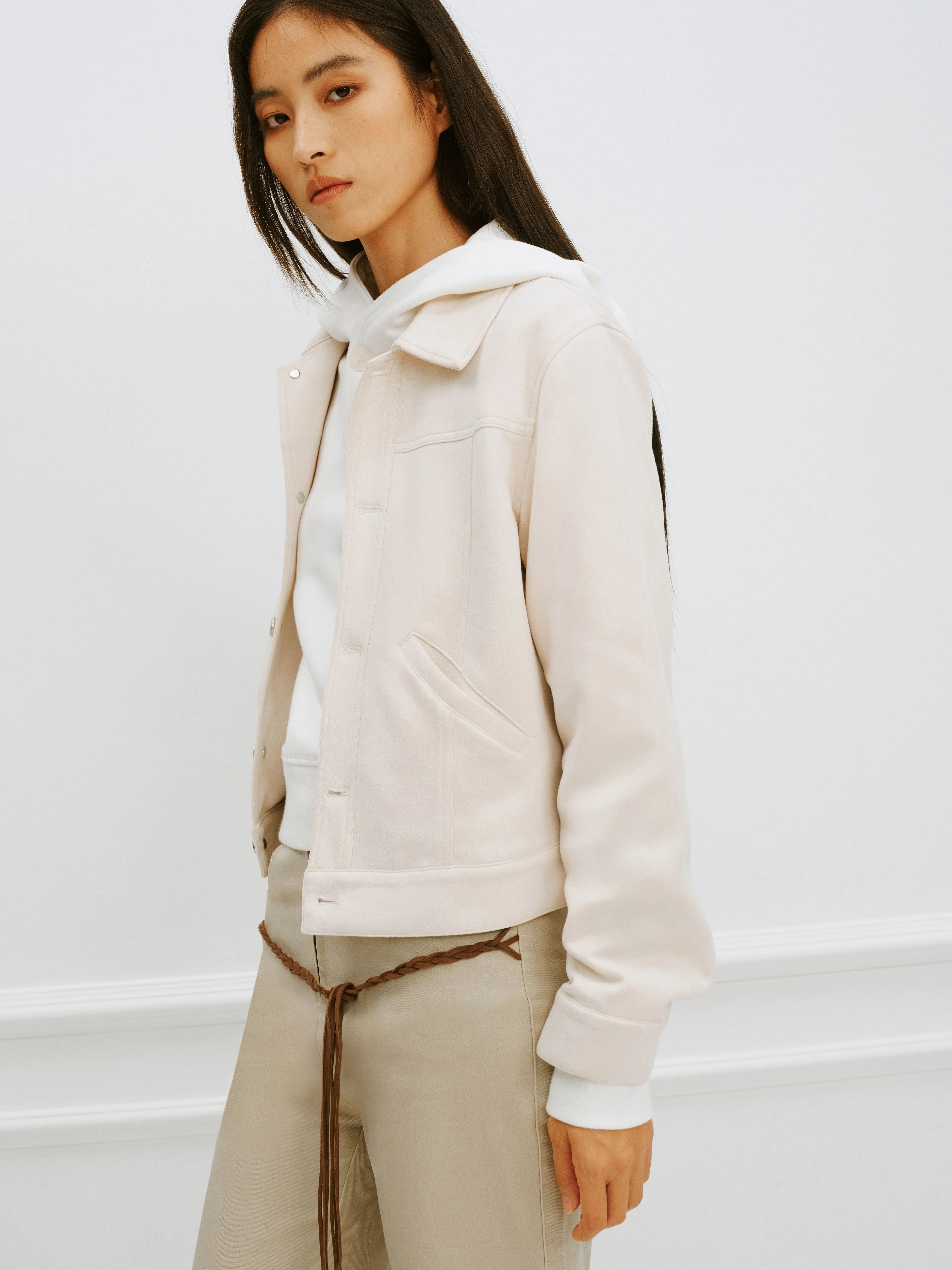 Cream Cactus-Motif Cropped Suede Jacket