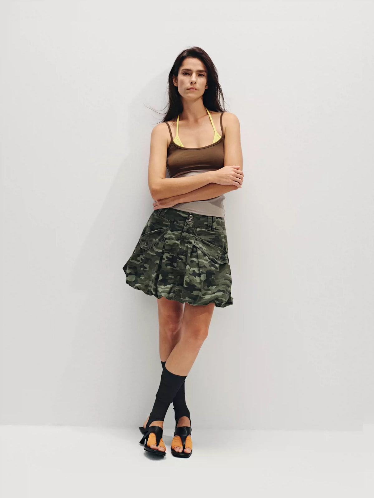 Distressed Camo Cargo Bubble Skirt