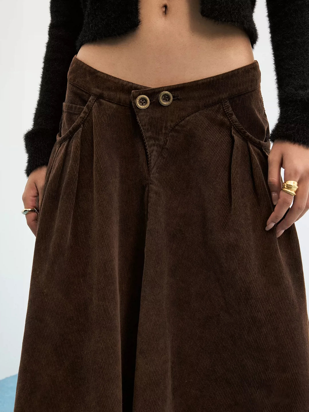 FIKNOW Heavy-Wash Corduroy V-Waist Maxi Skirt