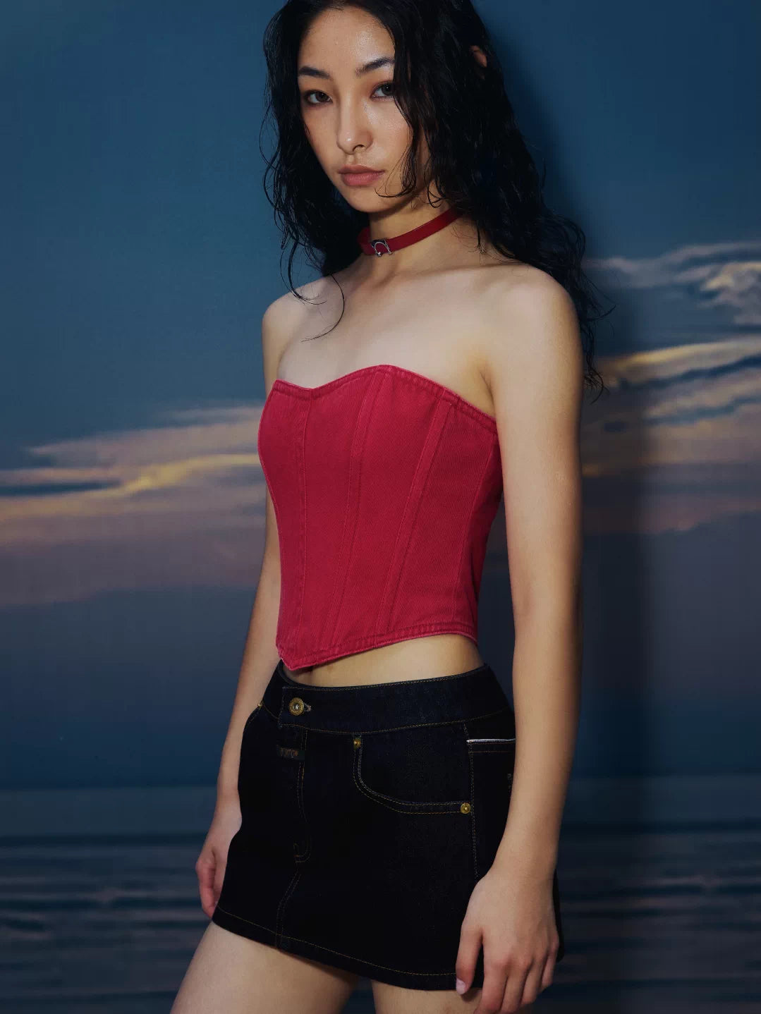 IFIKNOW Red Denim Boned Corset Top