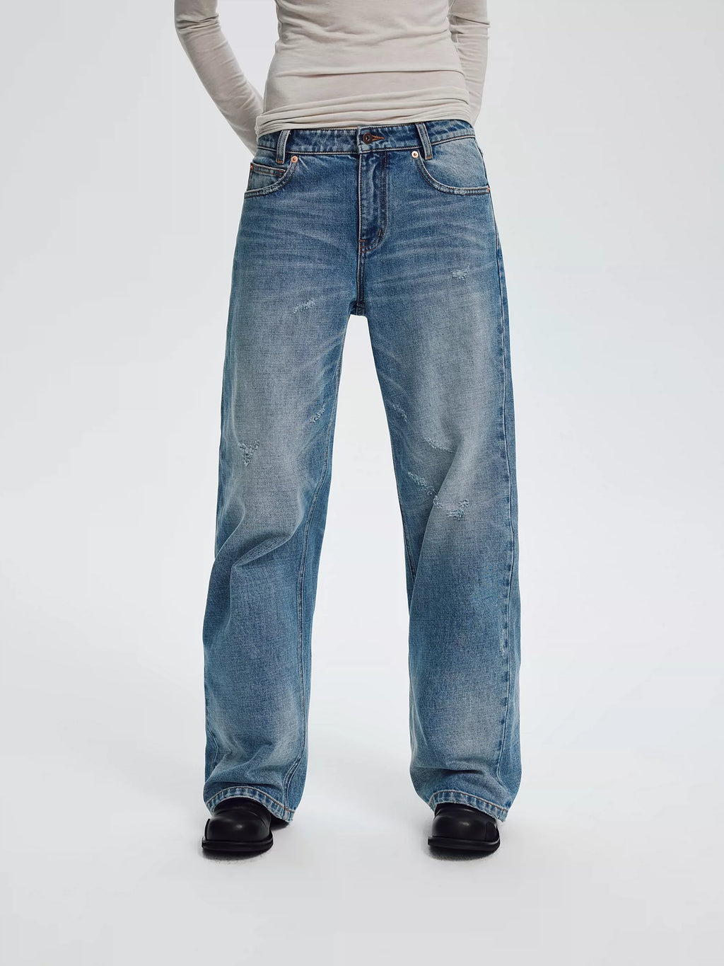 Light Wash Distressed Straight Jeans