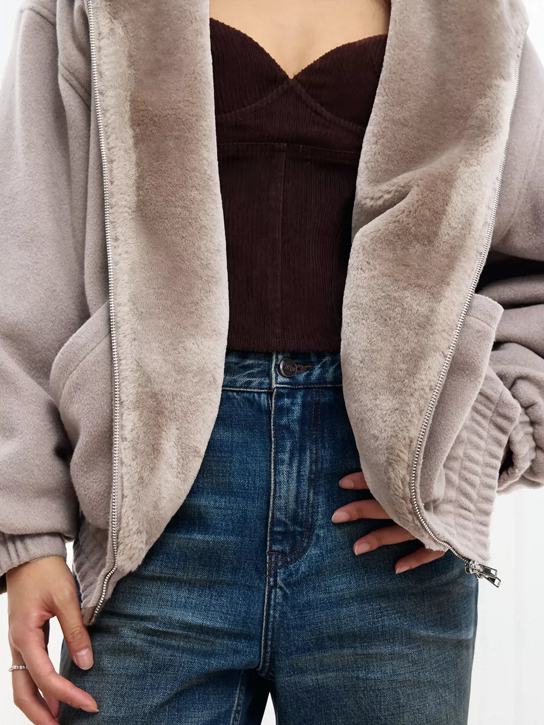 Double-Faced Wool Paneled Fur Hooded Jacket