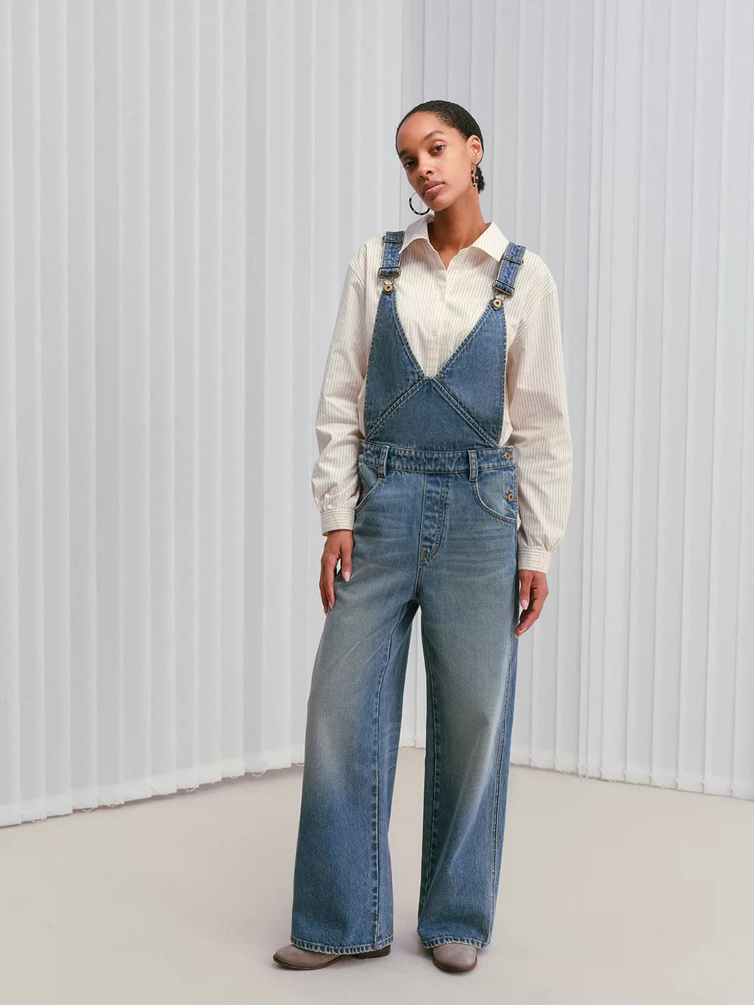Premium Wash V-Neck Denim Jumpsuit