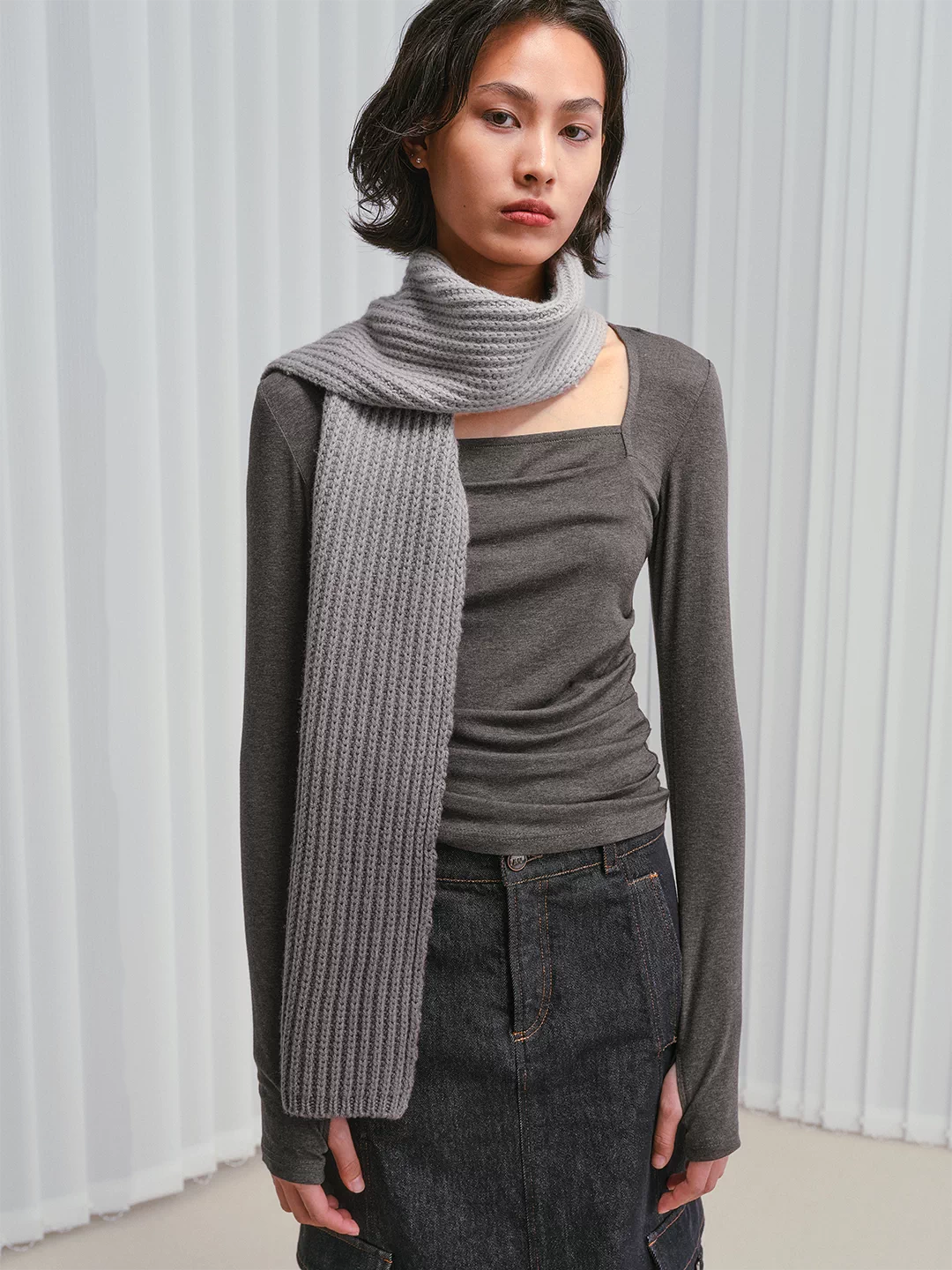 IFIKNOW Square-Neck Ruched Acetate-Cashmere Knit Top