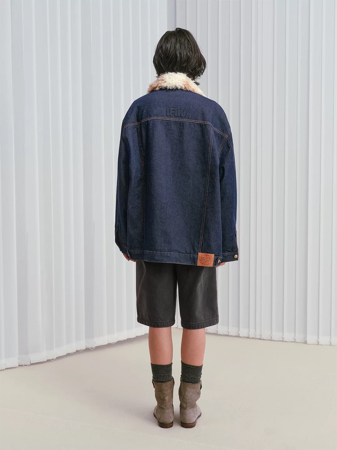 Shearling-Collar Padded Denim Jacket