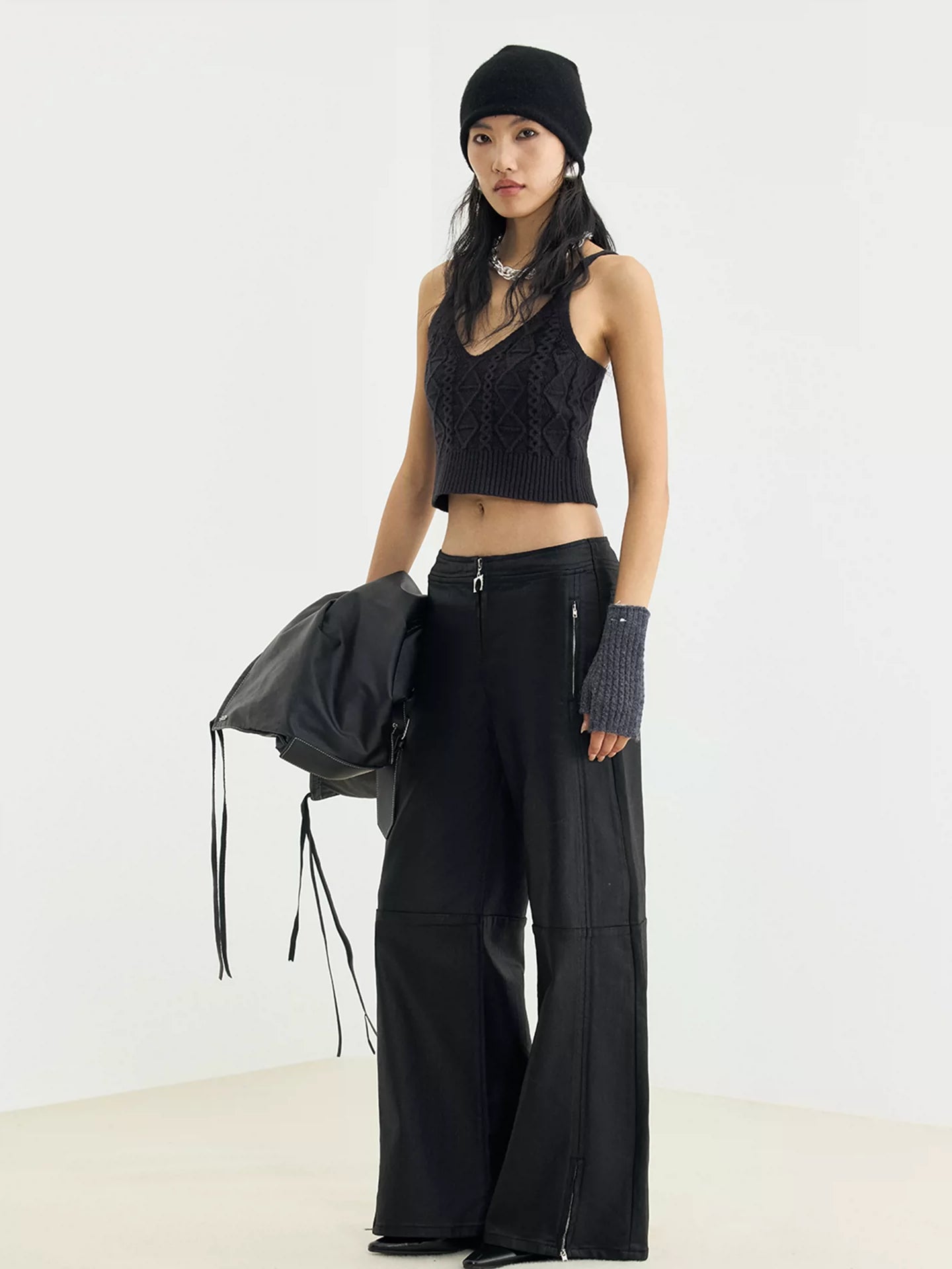 V-Waist Wax-Coated Black Denim Jeans