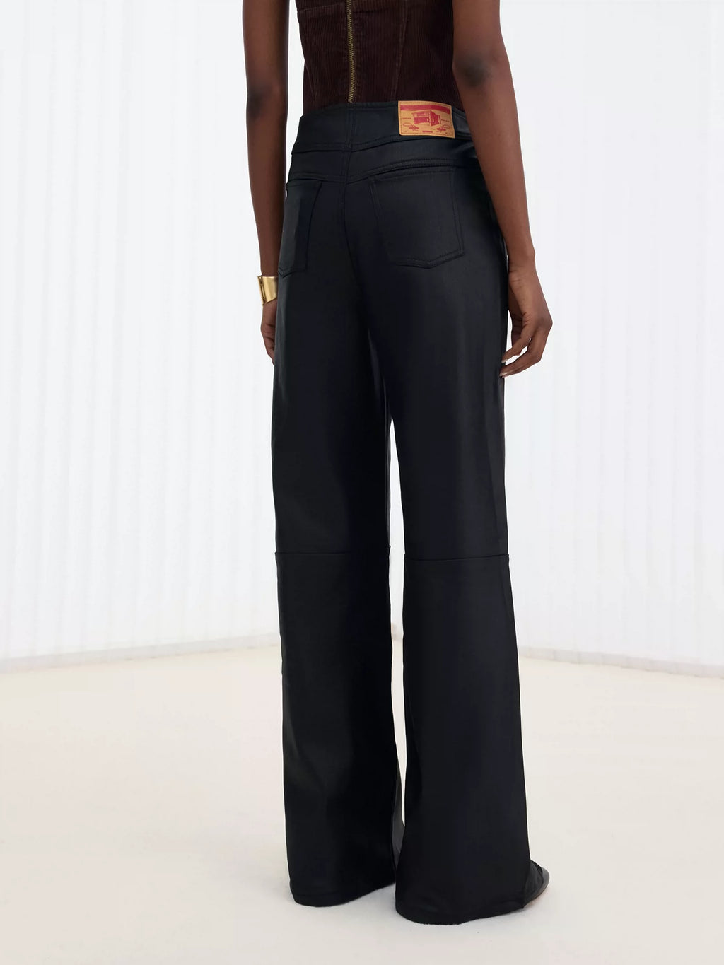 V-Waist Wax-Coated Black Denim Jeans