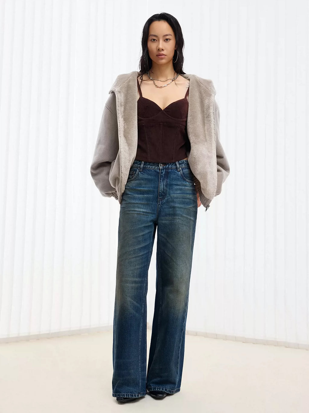 Double-Faced Wool Paneled Fur Hooded Jacket