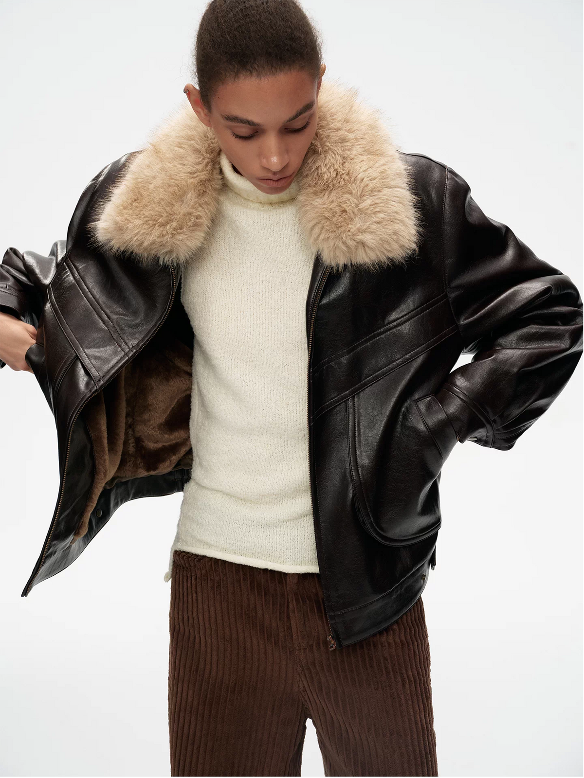 Detachable Fur Collar Leather Jacket
