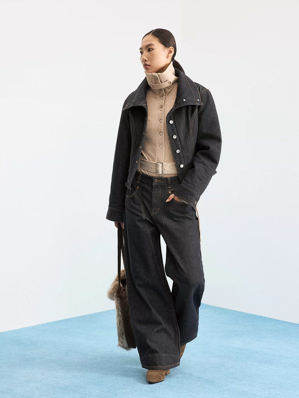 Collared Raw Denim Padded Jacket