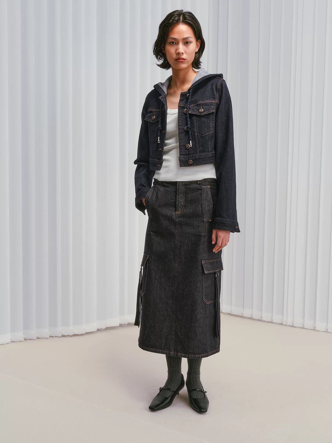 IFIKNOW Colorfast Raw Denim Cargo Maxi Skirt
