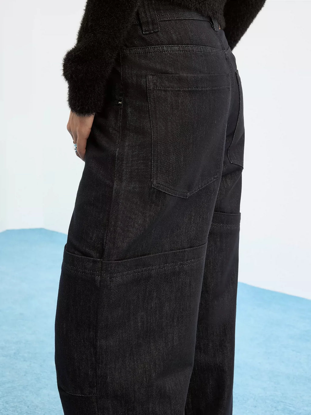 Paneled Blue-Black Raw Denim Relaxed Jeans