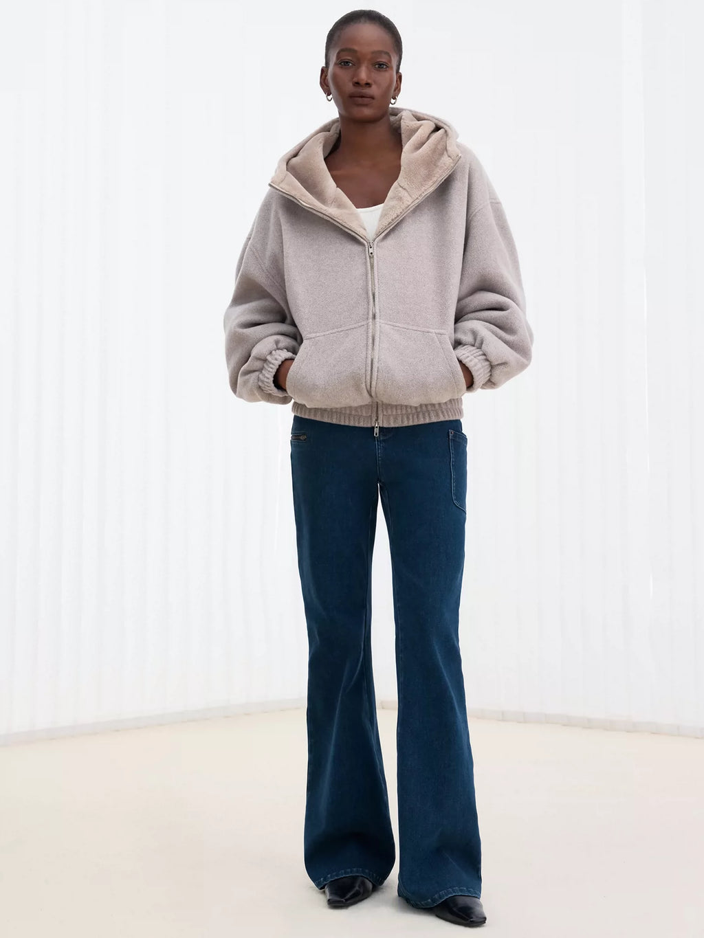 Double-Faced Wool Paneled Fur Hooded Jacket