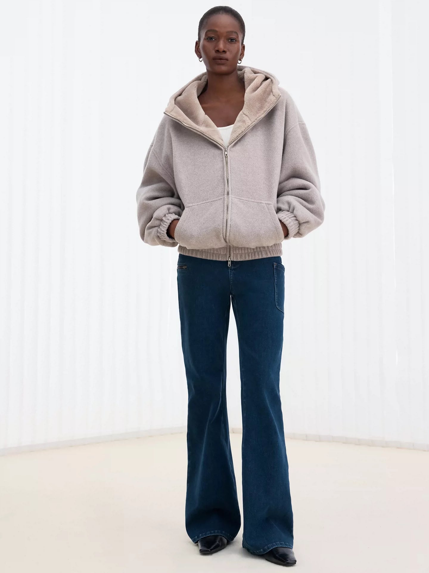 Double-Faced Wool Paneled Fur Hooded Jacket