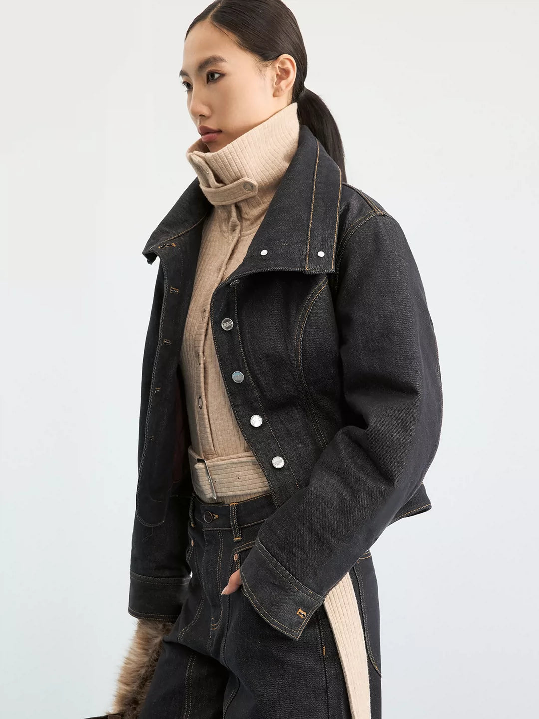 IFIKNOW Collared Raw Denim Padded Jacket