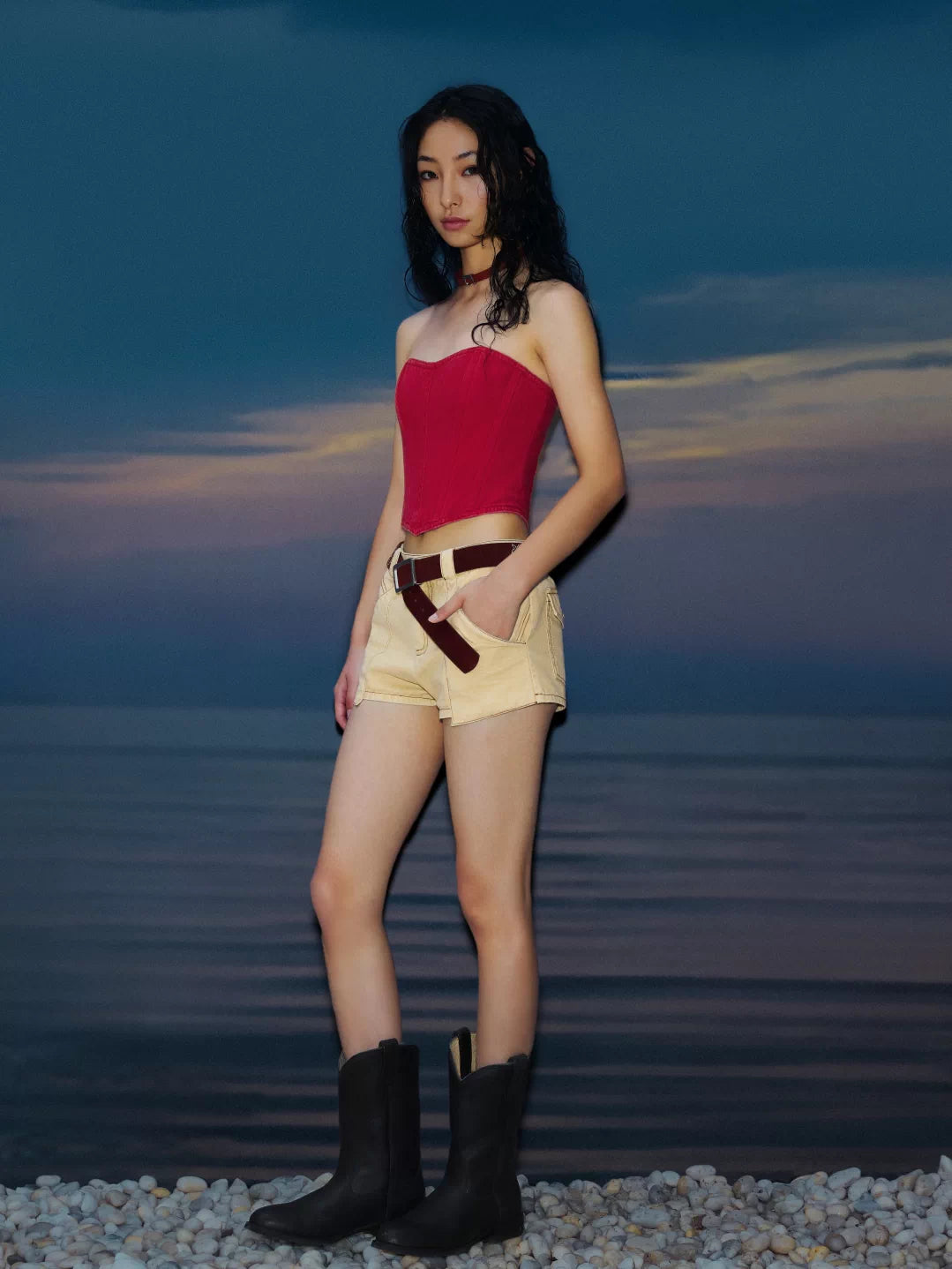 IFIKNOW Red Denim Boned Corset Top