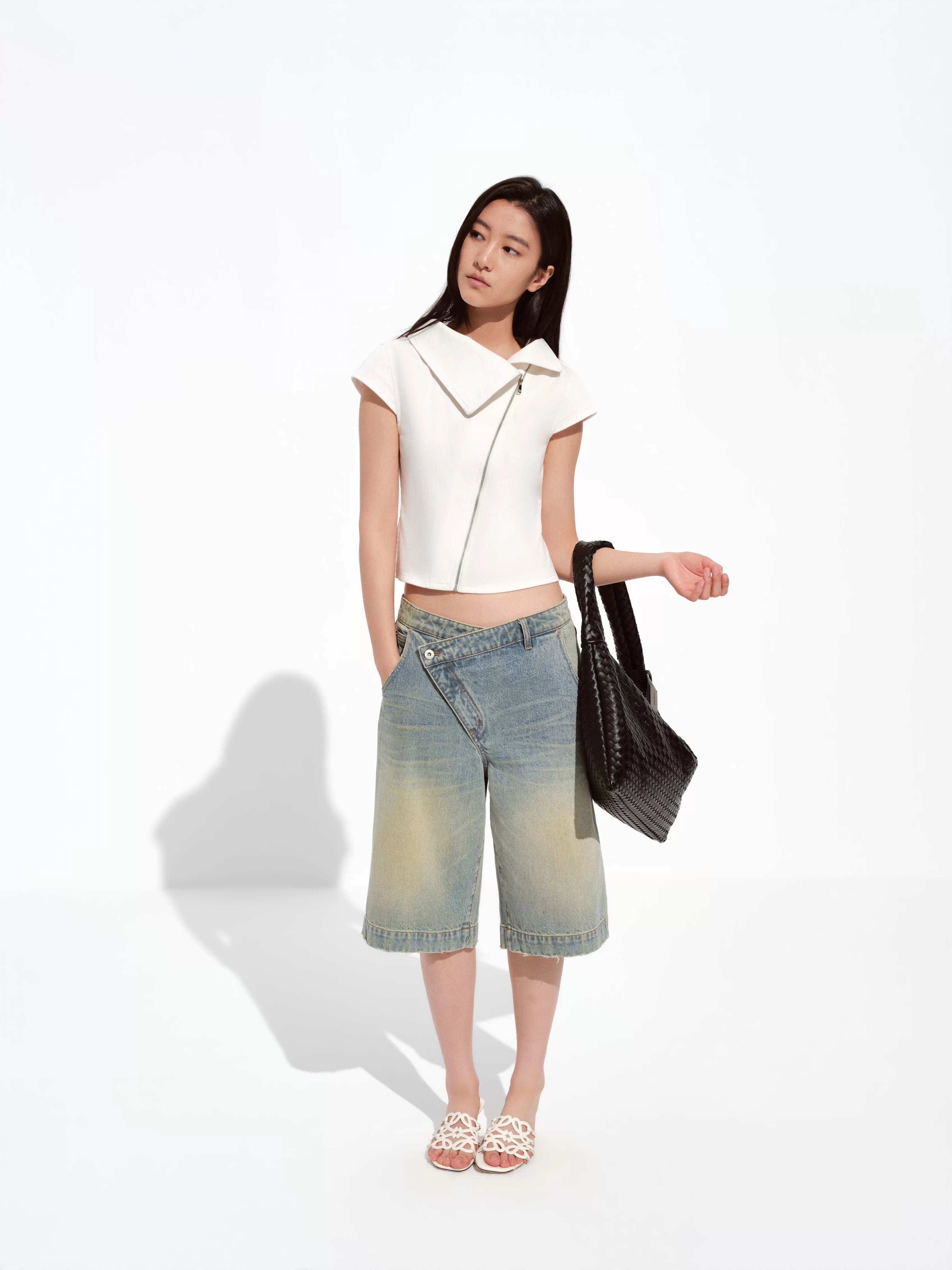 Asymmetric Waistband Mud-Wash Denim Jorts