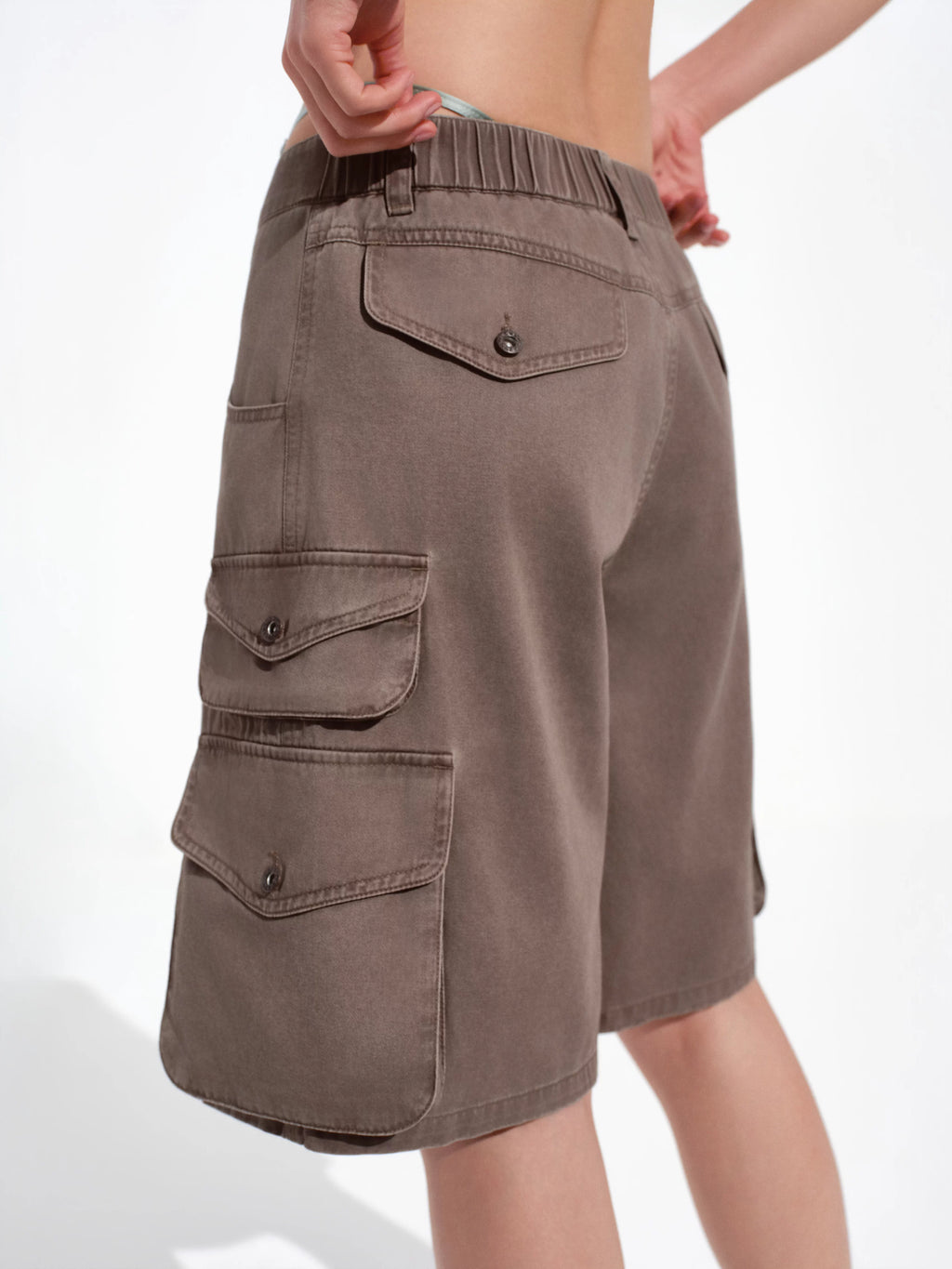 Enzyme-Washed Distressed Multi-Pocket Cargo Shorts