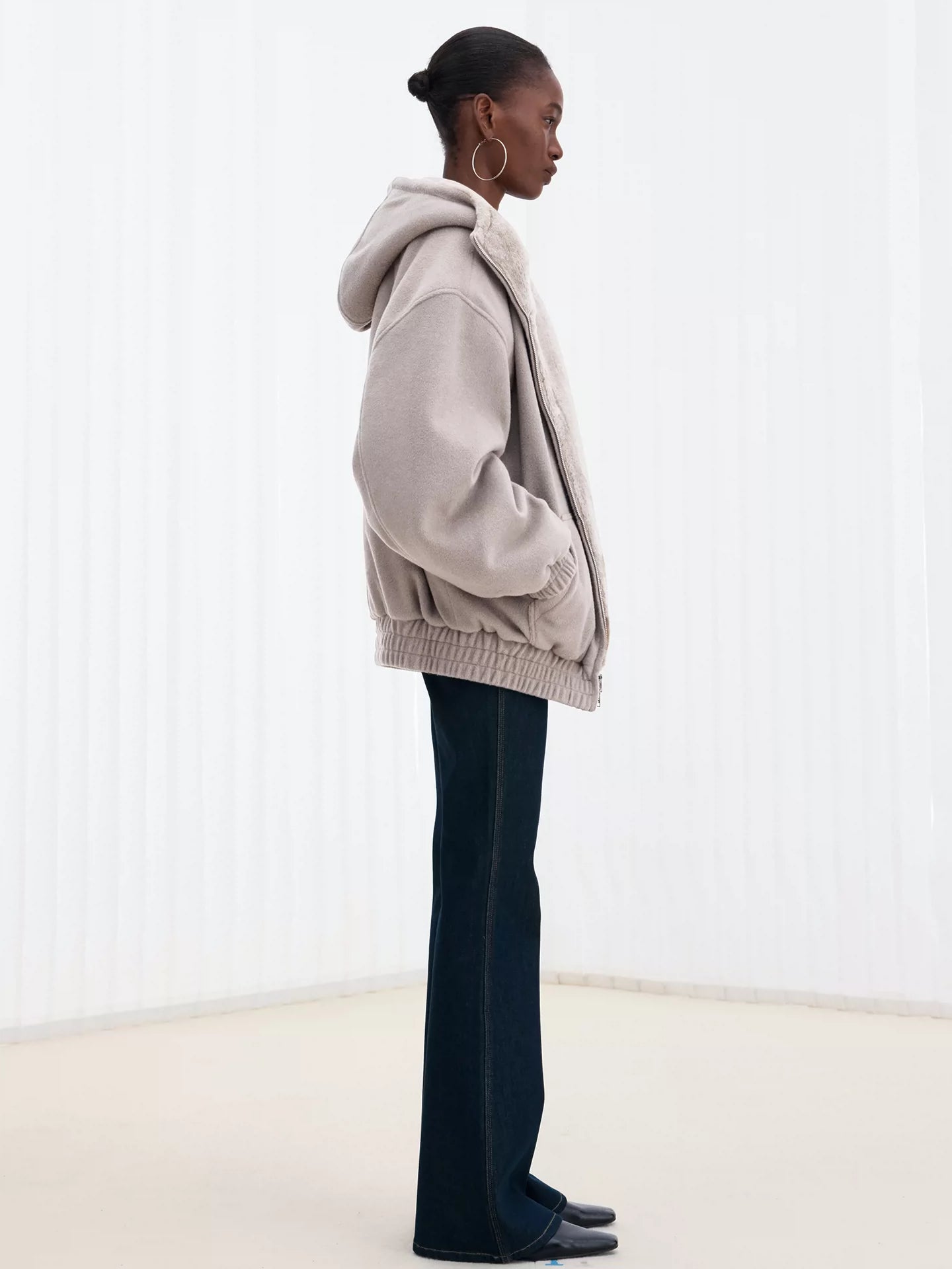 Double-Faced Wool Paneled Fur Hooded Jacket