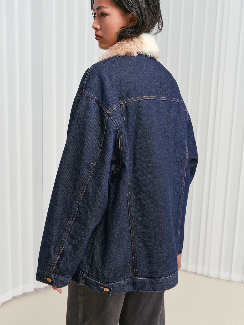 Shearling-Collar Padded Denim Jacket