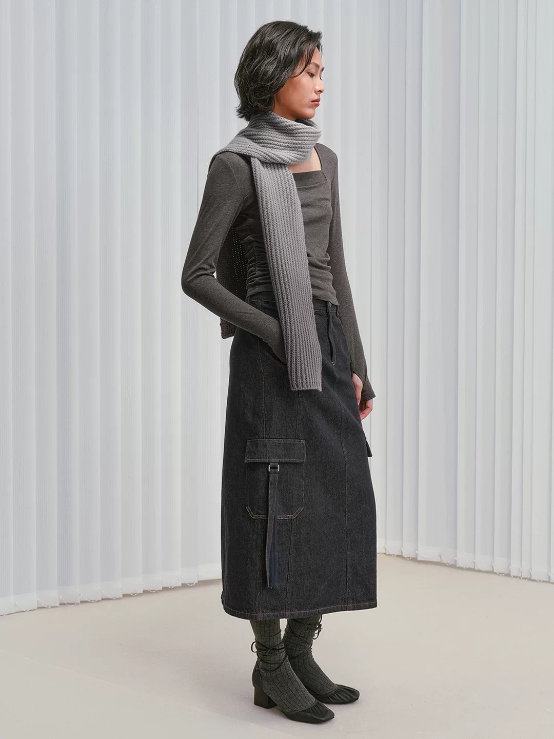 Colorfast Raw Denim Cargo Maxi Skirt