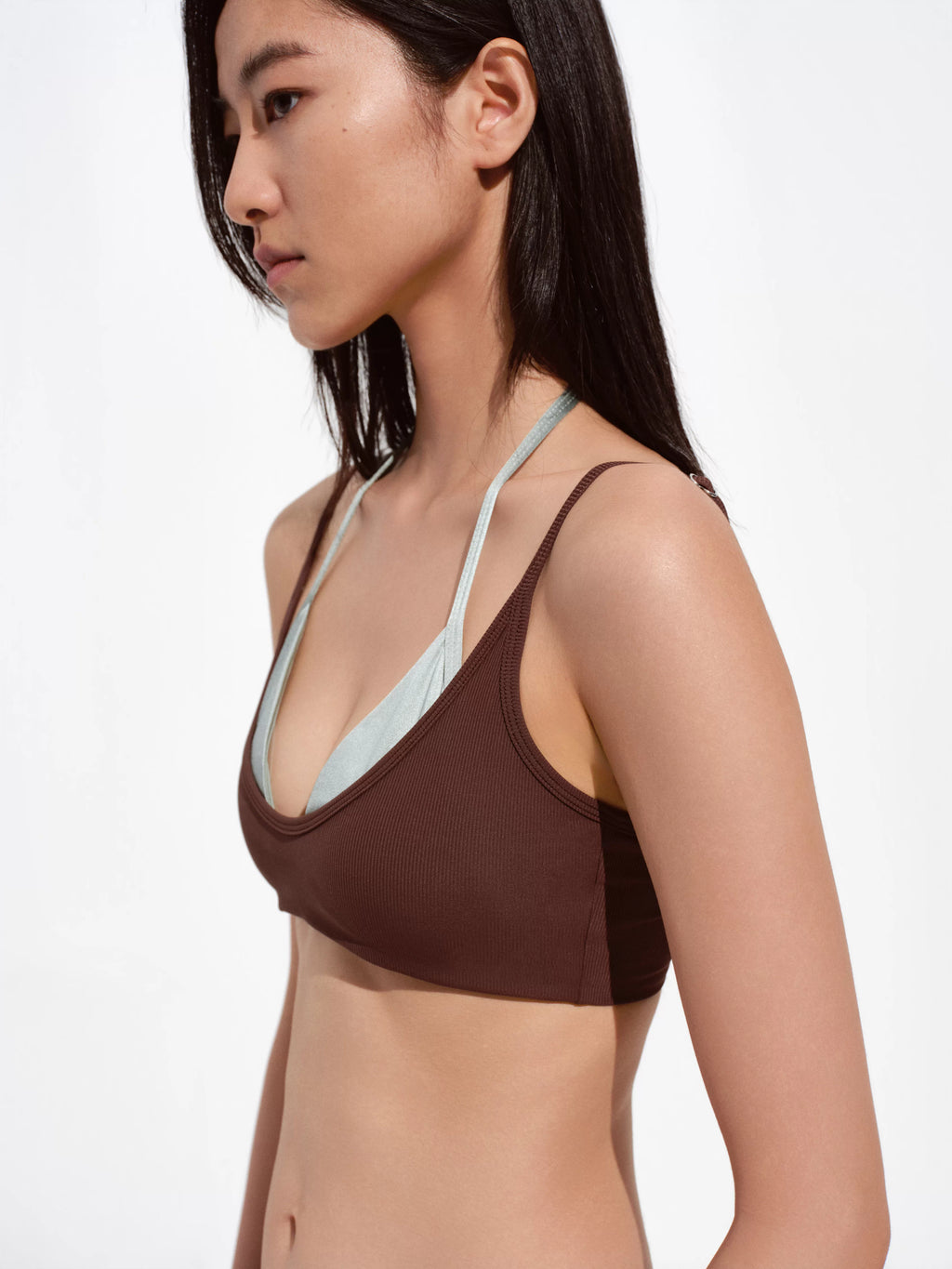 Brown & Green Colorblock Stretch-Satin Halter Set