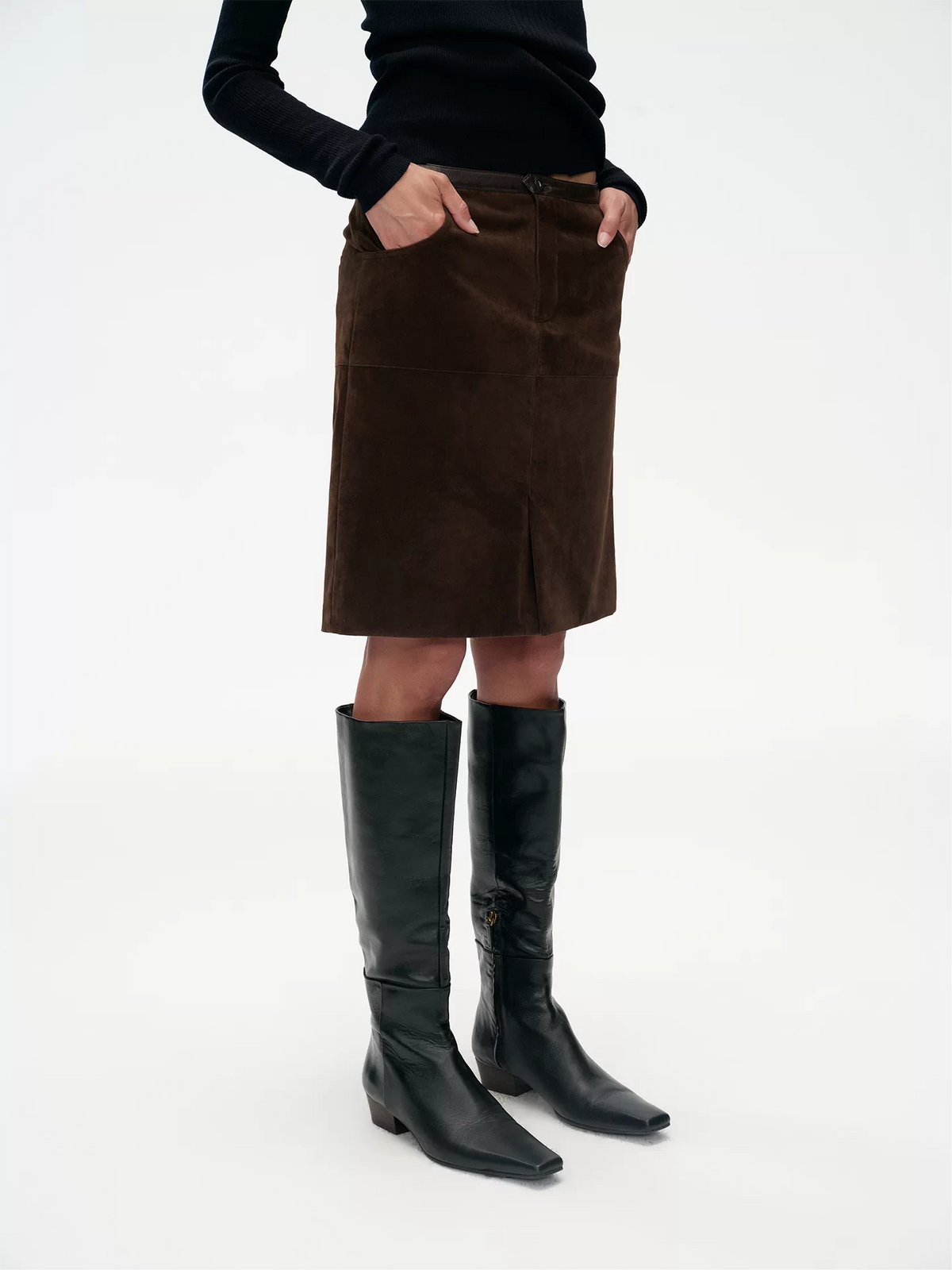 Khaki Suede Cargo Midi Skirt